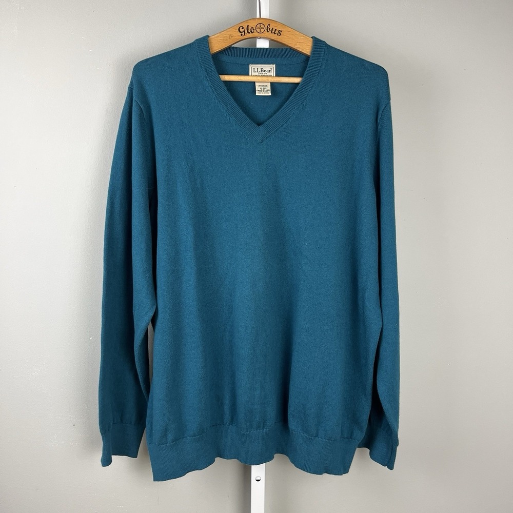 L.L. Bean Sweater Mens XL Teal V-Neck Pullover‎ Cotton Cashmere Long Sleeve